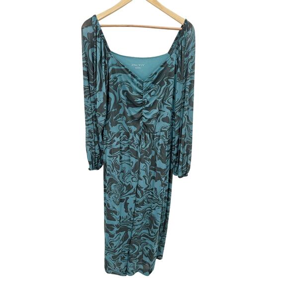 Ava & Viv Dress Women 1X Blue Grey Marbled Print Long Sleeve V-Neck Ruched Maxi - Picture 1 of 11